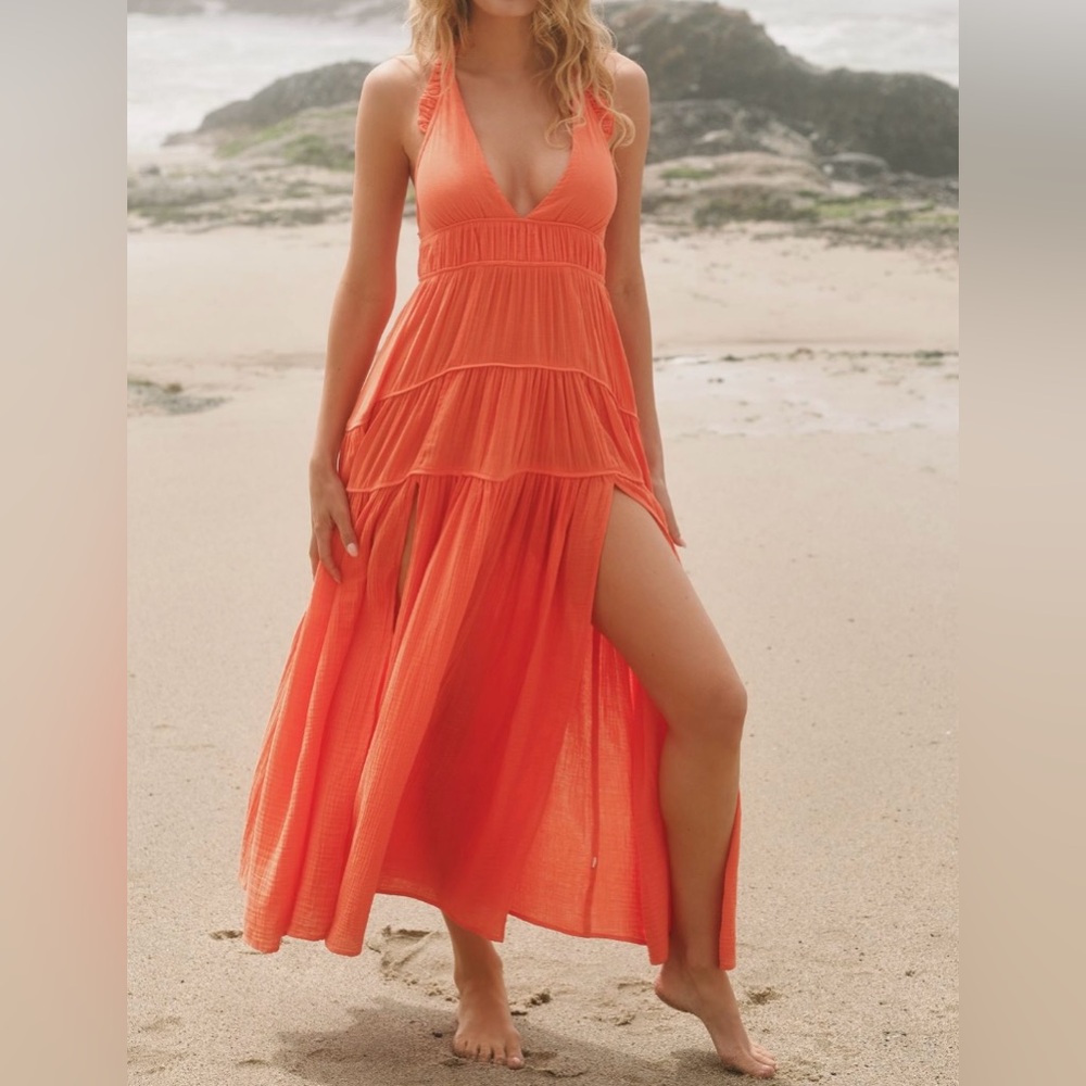 🟠NWT CELANDINE by ANTHROPOLOGIE Sleeveless Plunge Midi Dress in Flame Orange XL